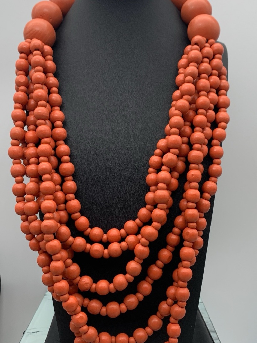 Chunky Multi-Strand wood burnt Orange Bead Necklace - Orange